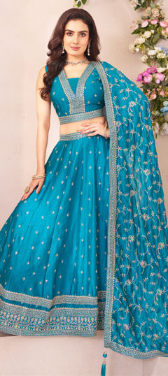 Blue color Ready to Wear Lehenga in Georgette fabric with Embroidered, Sequence, Thread, Zari work