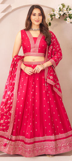 Pink and Majenta color Ready to Wear Lehenga in Georgette fabric with Embroidered, Sequence, Thread, Zari work