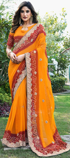 Yellow color Saree in Georgette fabric with Bandhej, Embroidered, Lace, Printed, Thread, Zari work