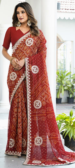 Red and Maroon color Saree in Georgette fabric with Bandhej, Embroidered, Lace, Printed, Thread, Zari work