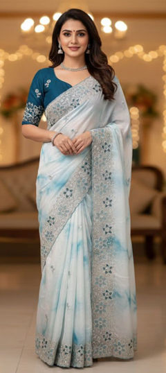 Blue, White and Off White color Saree in Crushed Silk fabric with Embroidered, Sequence, Thread work