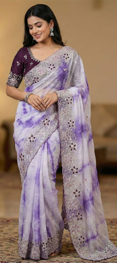 Purple and Violet, White and Off White color Saree in Crushed Silk fabric with Embroidered, Sequence, Thread work