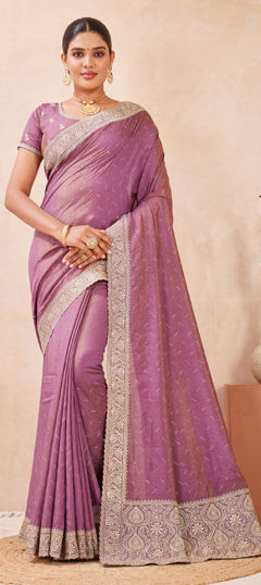 Purple and Violet color Saree in Silk fabric with Embroidered, Swarovski, Zari work