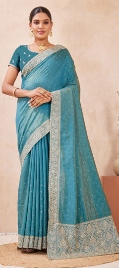 Blue color Saree in Silk fabric with Embroidered, Swarovski, Zari work