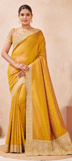 Yellow color Saree in Silk fabric with Embroidered, Swarovski, Zari work