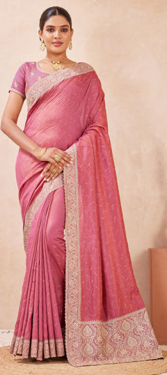 Pink and Majenta color Saree in Silk fabric with Embroidered, Swarovski, Zari work