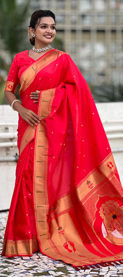 Red and Maroon color Saree in Silk fabric with Weaving work
