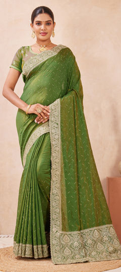 Green color Saree in Silk fabric with Embroidered, Swarovski, Zari work