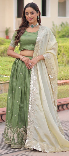 Green color Lehenga in Crushed Silk fabric with Embroidered, Sequence, Zari work