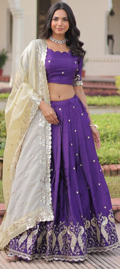 Purple and Violet color Lehenga in Crushed Silk fabric with Embroidered, Sequence, Zari work