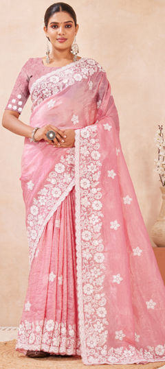 Pink and Majenta color Saree in Crushed Silk fabric with Embroidered, Resham, Sequence, Thread work