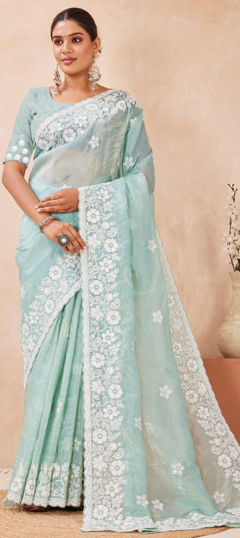 Green color Saree in Crushed Silk fabric with Embroidered, Resham, Sequence, Thread work