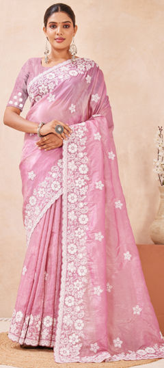 Pink and Majenta color Saree in Crushed Silk fabric with Embroidered, Resham, Sequence, Thread work