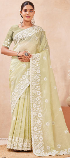 Green color Saree in Crushed Silk fabric with Embroidered, Resham, Sequence, Thread work