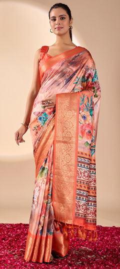 Pink and Majenta color Saree in Litchi Silk fabric with Floral, Printed, Weaving work