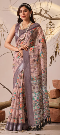 Pink and Majenta color Saree in Cotton, Linen fabric with Floral, Printed work