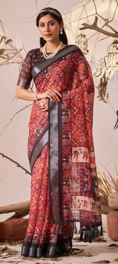 Red and Maroon color Saree in Cotton, Linen fabric with Floral, Printed work