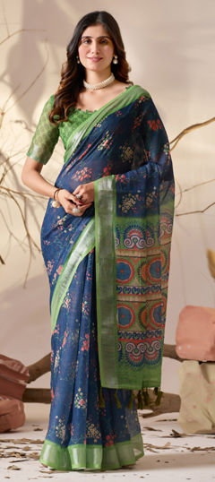 Blue color Saree in Cotton, Linen fabric with Floral, Printed work