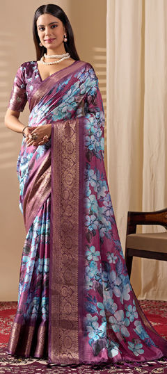 Purple and Violet color Saree in Litchi Silk fabric with Floral, Printed, Weaving work