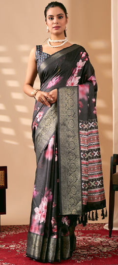 Black and Grey color Saree in Litchi Silk fabric with Digital Print, Floral, Weaving work