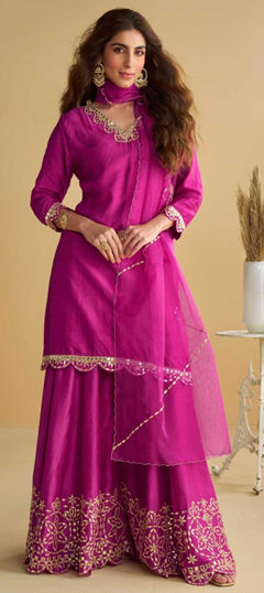 Pink and Majenta color Salwar Kameez in Silk fabric with Embroidered, Gota Patti work