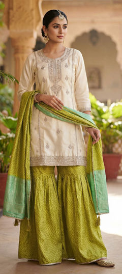 Green, White and Off White color Salwar Kameez in Chinon Silk fabric with Embroidered, Sequence, Thread work