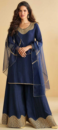 Blue color Salwar Kameez in Silk fabric with Embroidered, Gota Patti work