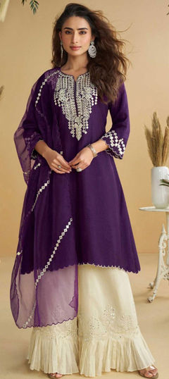 Purple and Violet color Salwar Kameez in Silk fabric with Embroidered, Gota Patti work