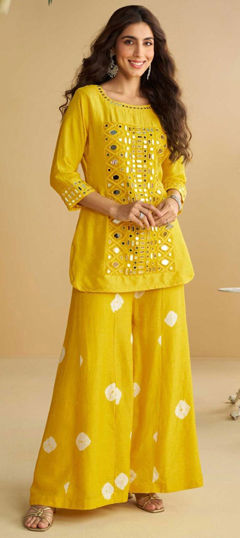 Yellow color Salwar Kameez in Silk fabric with Embroidered, Gota Patti work