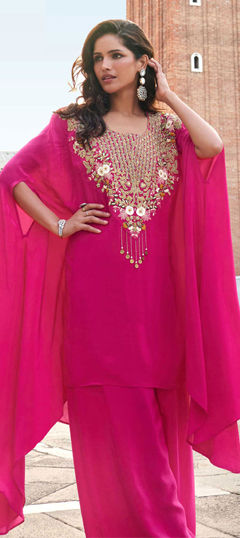 Pink and Majenta color Salwar Kameez in Crepe Silk fabric with Bugle Beads, Embroidered, Sequence, Stone, Thread, Zari work