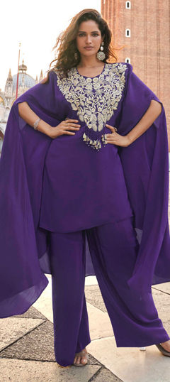 Purple and Violet color Salwar Kameez in Crepe Silk fabric with Bugle Beads, Embroidered, Sequence, Stone, Thread, Zari work