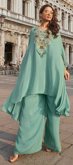 Green color Salwar Kameez in Crepe Silk fabric with Bugle Beads, Embroidered, Sequence, Stone, Thread, Zari work