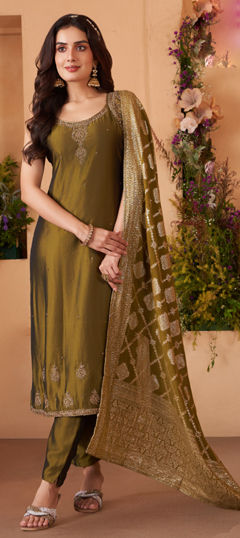Green color Salwar Kameez in Silk fabric with Stone, Thread work