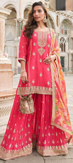 Pink and Majenta color Salwar Kameez in Shimmer fabric with Digital Print, Embroidered, Sequence, Zari work