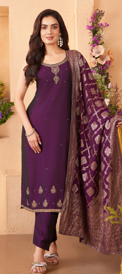 Purple and Violet color Salwar Kameez in Silk fabric with Stone, Thread work