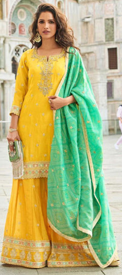 Yellow color Salwar Kameez in Shimmer fabric with Digital Print, Embroidered, Sequence, Zari work