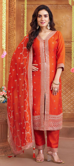 Orange color Salwar Kameez in Silk fabric with Stone, Thread work