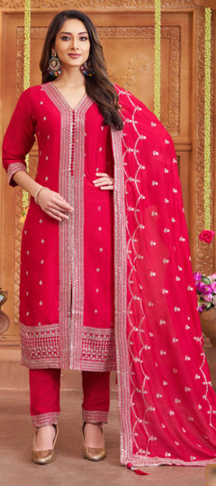 Pink and Majenta color Salwar Kameez in Silk fabric with Stone, Thread work