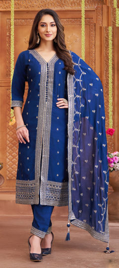 Blue color Salwar Kameez in Silk fabric with Stone, Thread work
