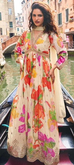 White and Off White color Gown in Chinon Silk fabric with Digital Print, Embroidered, Sequence work