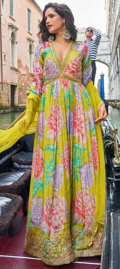 Green color Gown in Chinon Silk fabric with Digital Print, Embroidered, Sequence work