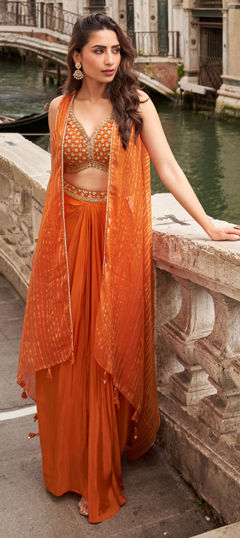 Orange color Long Lehenga Choli in Chinon Silk fabric with Embroidered, Mirror, Sequence work