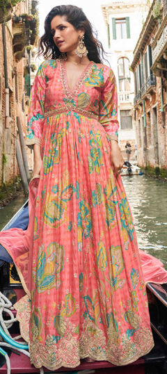 Pink and Majenta color Gown in Chinon Silk fabric with Digital Print, Embroidered, Sequence work