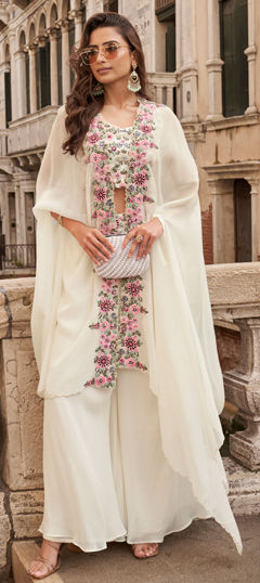 White and Off White color Salwar Kameez in Chinon Silk fabric with Embroidered, Mirror, Sequence work