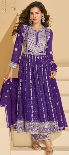 Purple and Violet color Salwar Kameez in Georgette fabric with Embroidered, Sequence, Thread work