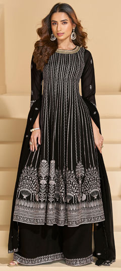 Black and Grey color Salwar Kameez in Georgette fabric with Embroidered, Sequence, Thread work