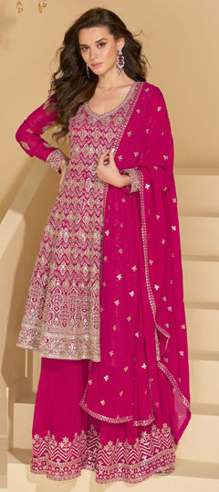 Pink and Majenta color Salwar Kameez in Georgette fabric with Embroidered, Sequence, Thread work