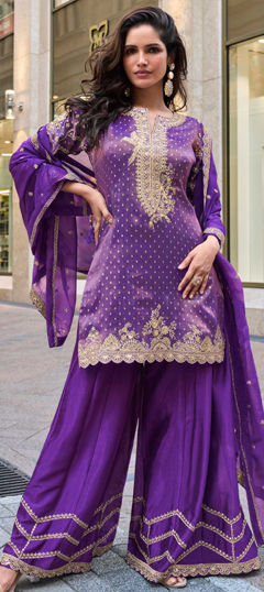 Purple and Violet color Salwar Kameez in Shimmer, Viscose fabric with Embroidered, Sequence, Thread, Zari work