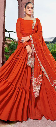 Beige and Brown color Gown in Georgette fabric with Embroidered, Sequence work