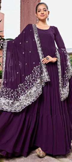 Purple and Violet color Gown in Georgette fabric with Embroidered, Sequence work